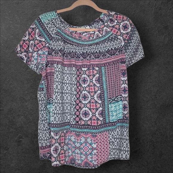 Kim Rogers Tops - Kim Rogers short-sleeve pink patchwork floral print blouse